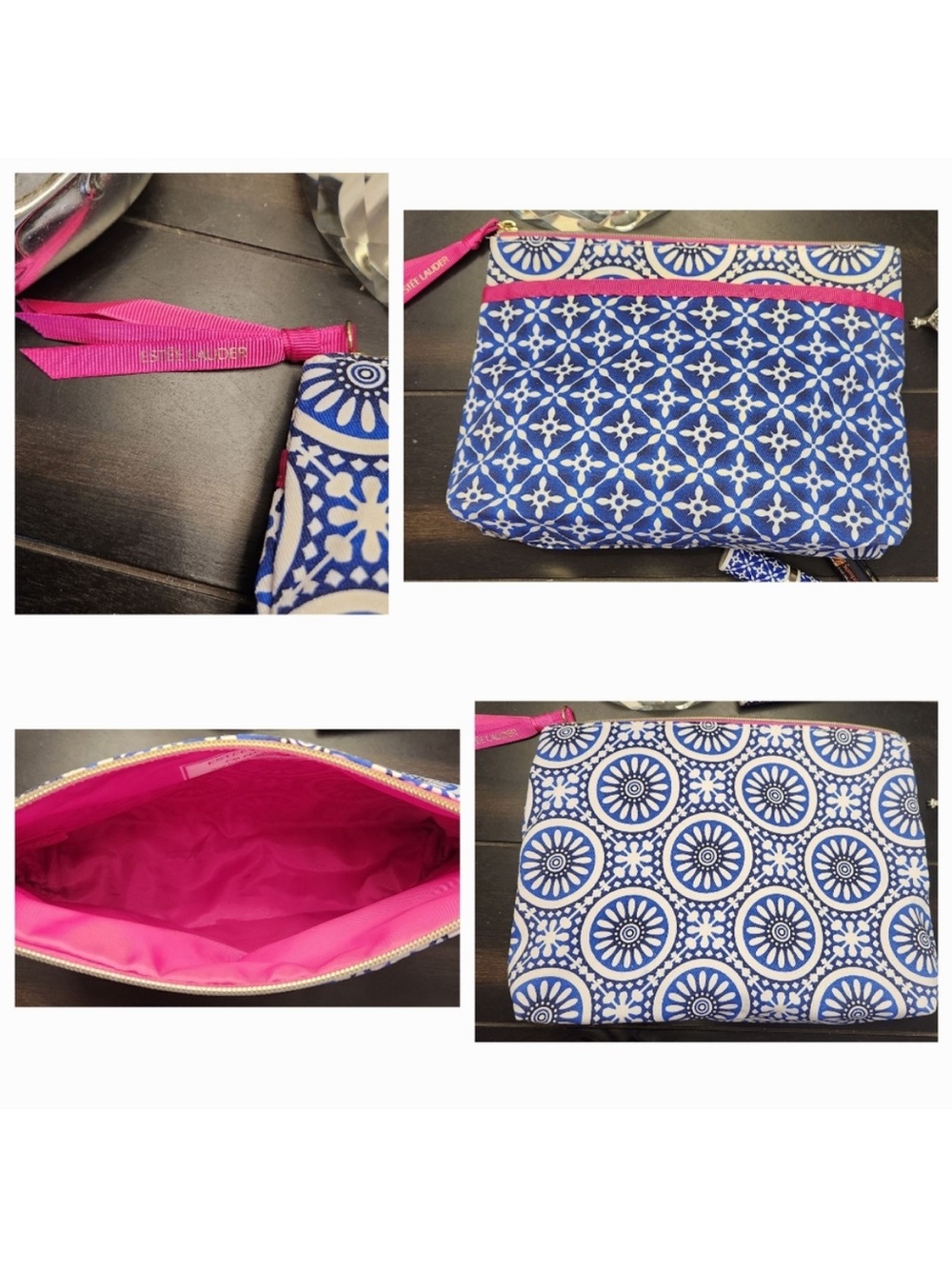 Estee Lauder Blue & Pink Patterned Cosmetic Pouch Bundle